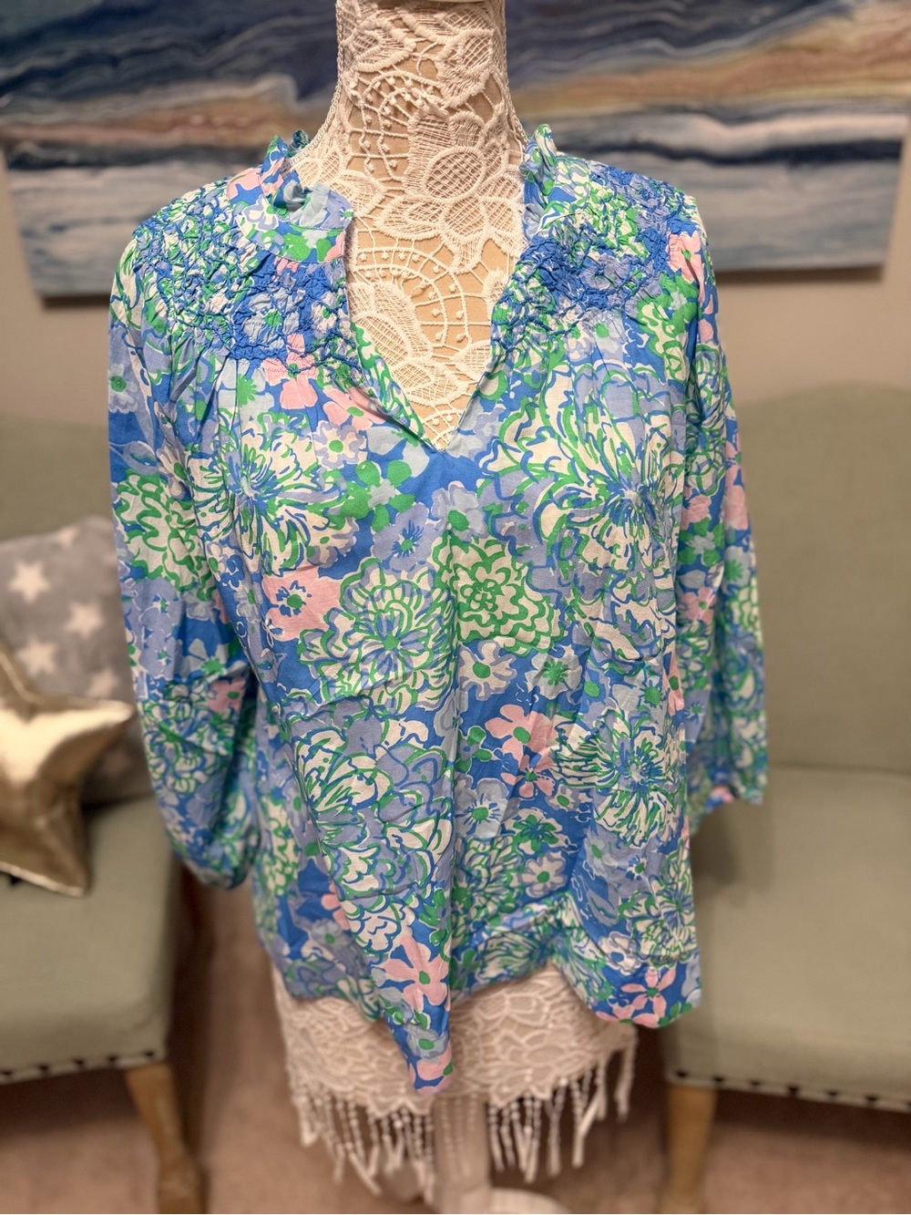 Lilly Pulitzer Floral V-Neck Women’s Blouse - Blue & Green